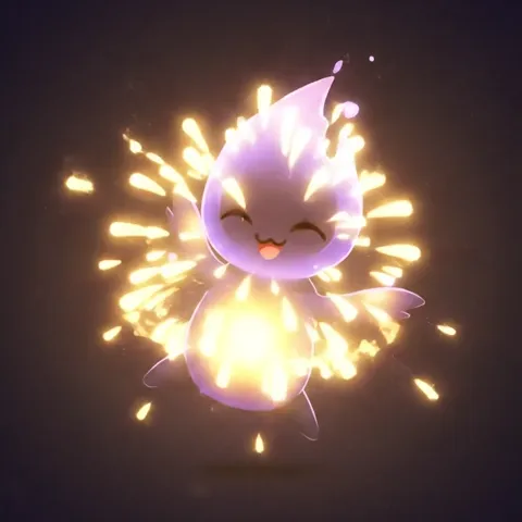 Glim the ember-spirit celebrating with golden sparks, eyes wide with joy