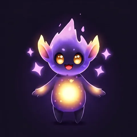 Glim the ember-spirit glowing warmly, happily offering a welcome-back gift